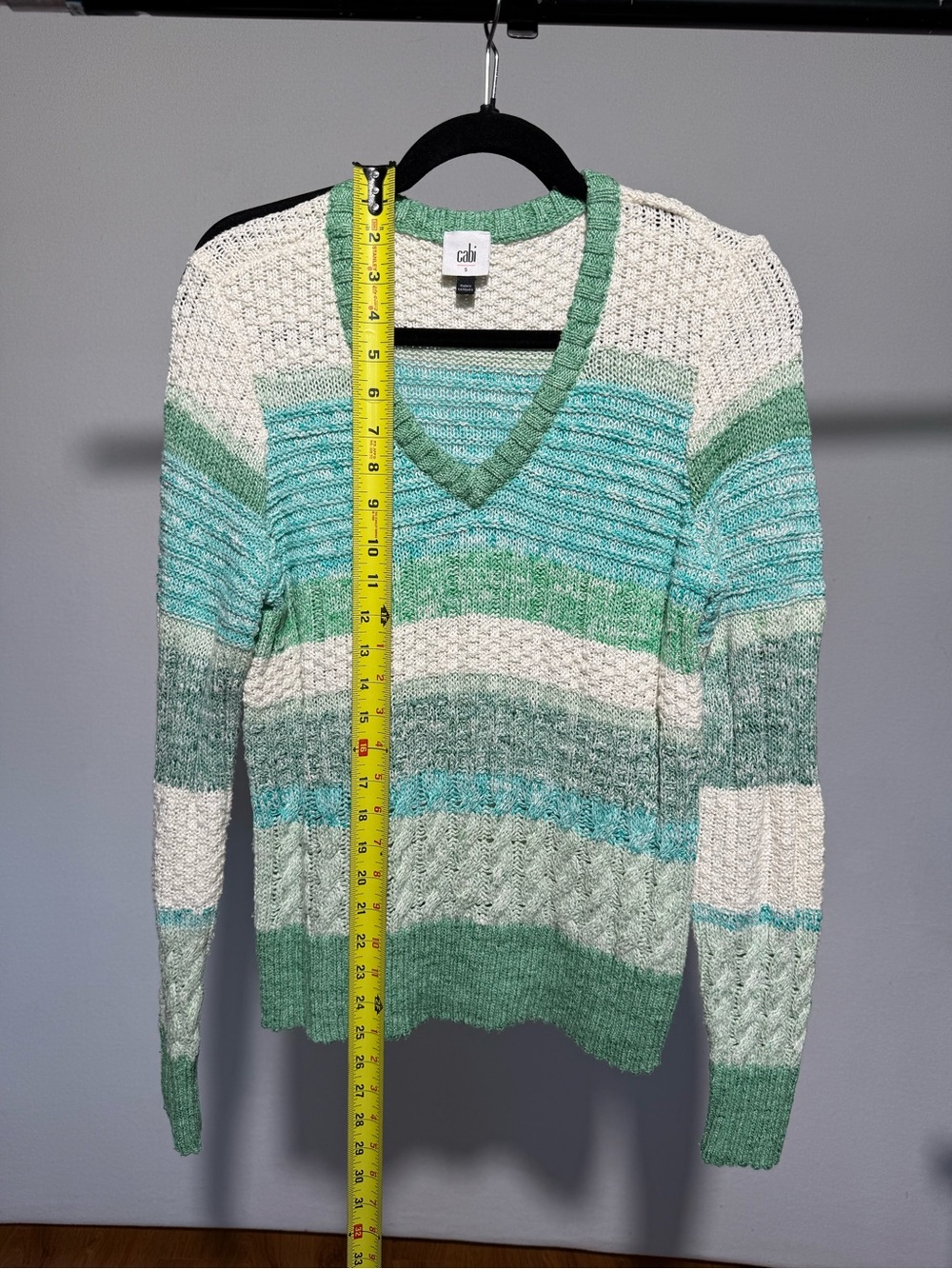 CAbi Green, Teal & Cream Striped V-Neck Sweater - Picture 4 of 6